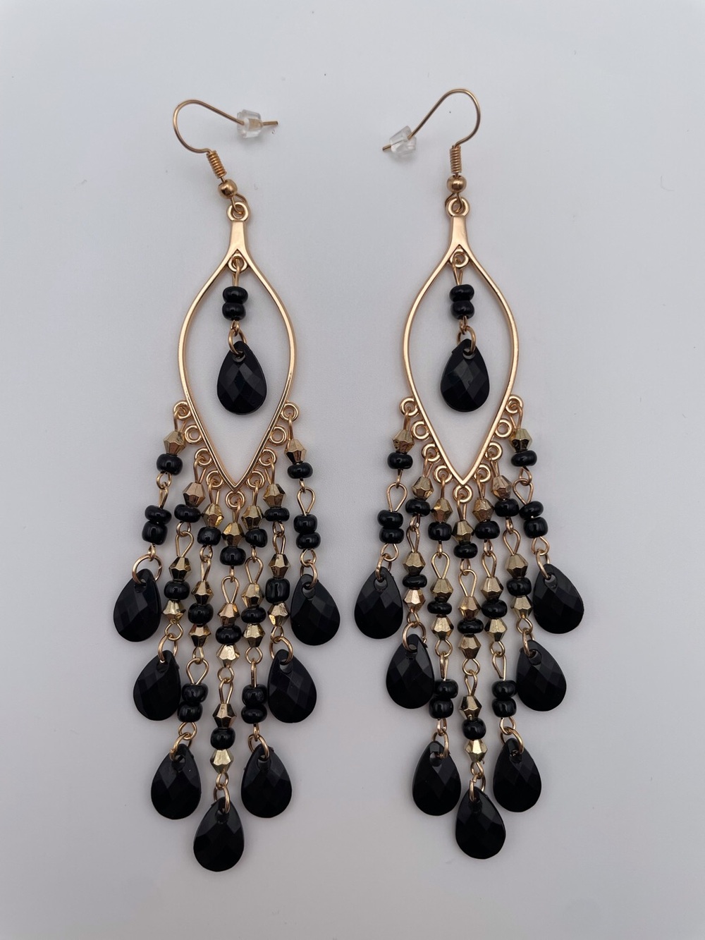 Gold and Black Teardrop Chandelier Earrings